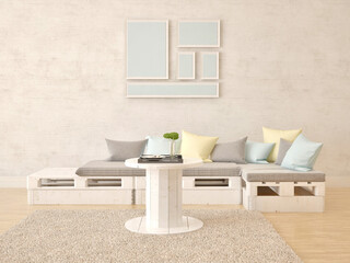 Mock up a modern living room with a stylish compact sofa and light background, 3d rendering.