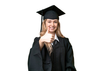 Young university English graduate woman over isolated background with thumbs up because something...