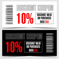 Discount coupon, gift voucher or certificate with 10 percent discount. Vector promotion discount flyer template or mockup with barcode and red reduction percentage on white or black background.
