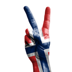 Hand making the V victory sign with flag of norway