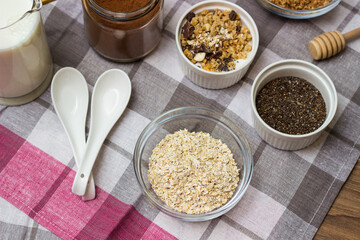 Bowl of chocolate granola with milk and other ingredients