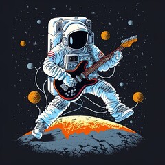 Astronaut playing rock music on space