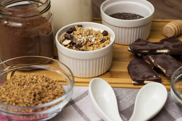 Bowl of chocolate granola with milk and other ingredients