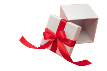 Christmas Gift box red ribbon isolated, transparent background. PNG. Valentine present open, satin...