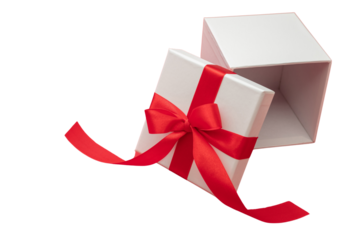 Christmas Gift box red ribbon isolated, transparent background. PNG. Valentine present open, satin decoration. 