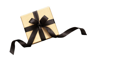 Gift box with black ribbon isolated transparent background. PNG. Black Friday concept.