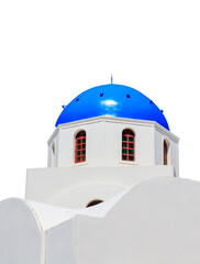 White church with blue dome transparent background. PNG. Santorini, Greece.