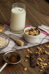 Bowl of chocolate granola with milk and other ingredients