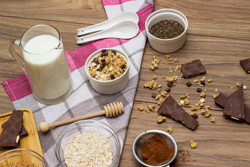 Bowl of chocolate granola with milk and other ingredients