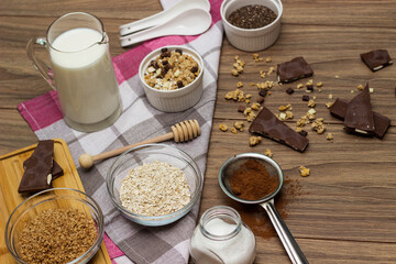Bowl of chocolate granola with milk and other ingredients