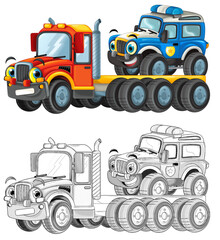 happy cartoon tow truck driver with other vehicle car