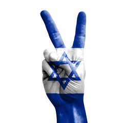 Hand making the V victory sign with flag of israel