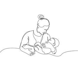 Mom holds a child in her arms one line art. Continuous line drawing of newborn, motherhood, family, love, child, care, worries.