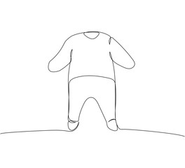 Baby warm suit one line art. Continuous line drawing of clothes, dress, children s, wardrobe, dress up, neat, comfortable, home, baby.