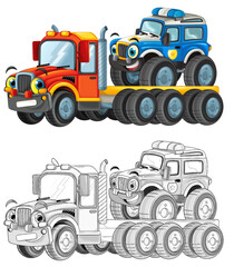 happy cartoon tow truck driver with other vehicle car