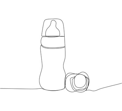 recommend clip art: Baby bottle with pacifier one line art. Continuous line drawing of milk, feeding, baby, newborn, child, baby food, baby food, natural feeding, health.