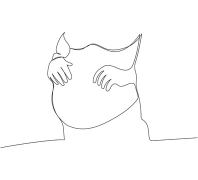 Pregnant belly close up one line art. Continuous line drawing of pregnancy, motherhood, preparation for childbirth, preparation for motherhood, skin care, relaxation.
