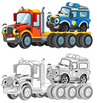 Happy Cartoon Tow Truck Driver With Other Vehicle Car