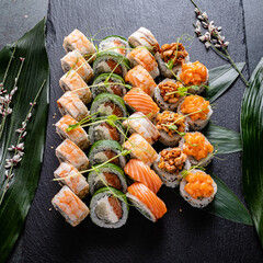 sushi set on the black background