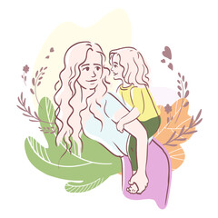 Happy toddler baby rides on her mother and smiling together. Vector illustration