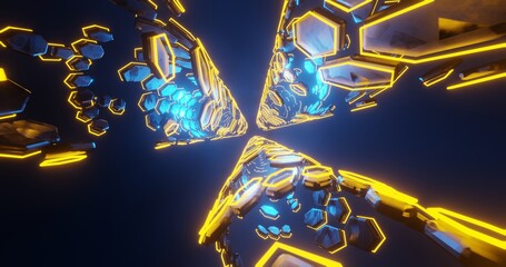 Abstract background using hexagon metallic textured repeating tubes and neon yellow lines, there is a little blue light inside the tube, 3d rendering and 4K size