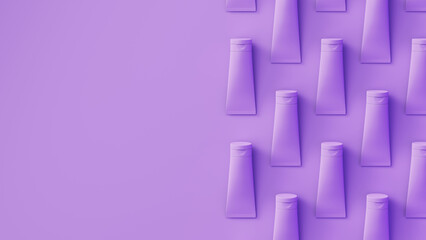 Lavender cosmetic tubes with soft shadow on background. Perfect ordered tubes honeycomb layout. 3d render illustration