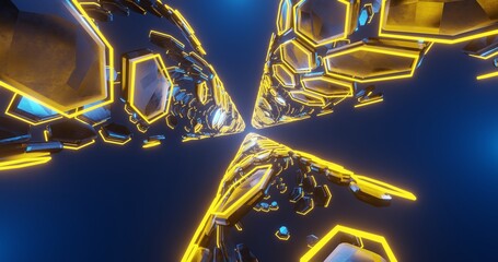 Abstract background using hexagon metallic textured looping tubes and neon yellow lines, there is a slight blue light outside the tube, 3d rendering and size 4K
