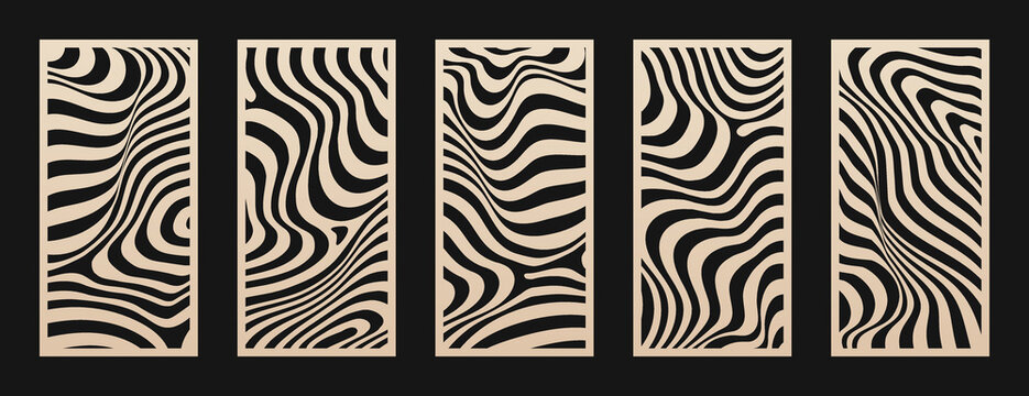 Laser cut panel set. Vector stencil with abstract geometric pattern, organic shapes, wavy lines, curves, stripes. Modern swatch for cnc laser cutting of wood, metal, acrylic panel. Aspect ratio 1:2