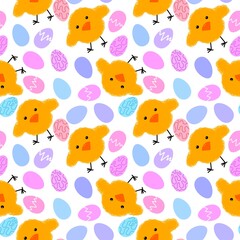 Obraz premium Easter eggs seamless cartoon chicken pattern for wrapping paper and fabrics and linens and kindergarten accessories 