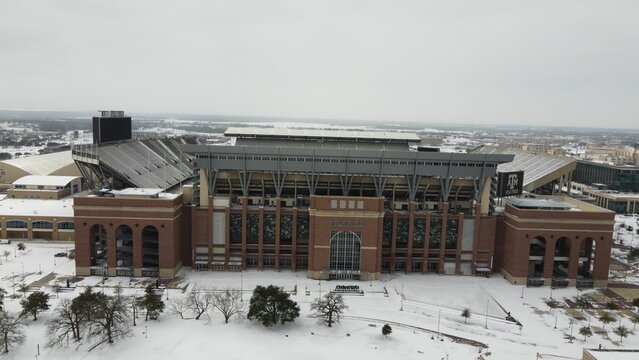 Aerial View Of The Kyle Football Field Covered In Snow In College Station, Texas, USA