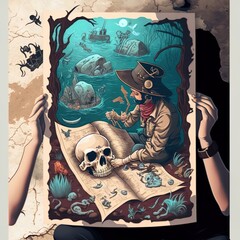 Survival man reading map with underwater skulls pirate design poster 2d illustrated illustration