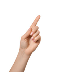 The empty hand is clicking or pointing with the index finger. Isolated.
