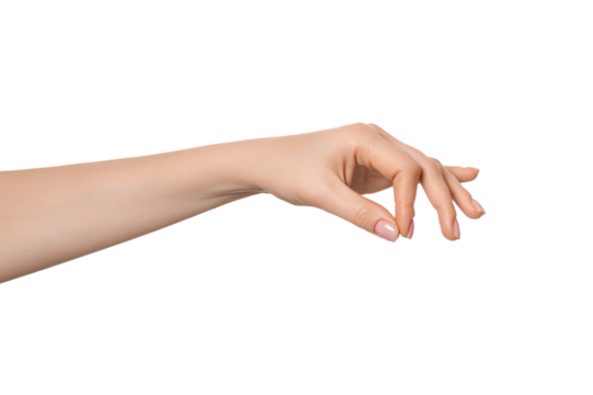 A woman's hand holds or pulls on an invisible thread or string.
