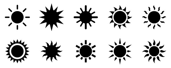 Conjunto de iconos de sol. Sol brillante, puesta de sol, rayos de sol. Ilustración vectorial