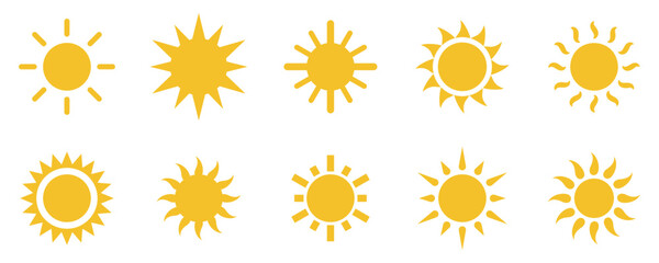 Conjunto de iconos de sol amarillo. Sol brillante, puesta de sol, rayos de sol. Ilustración vectorial - obrazy, fototapety, plakaty