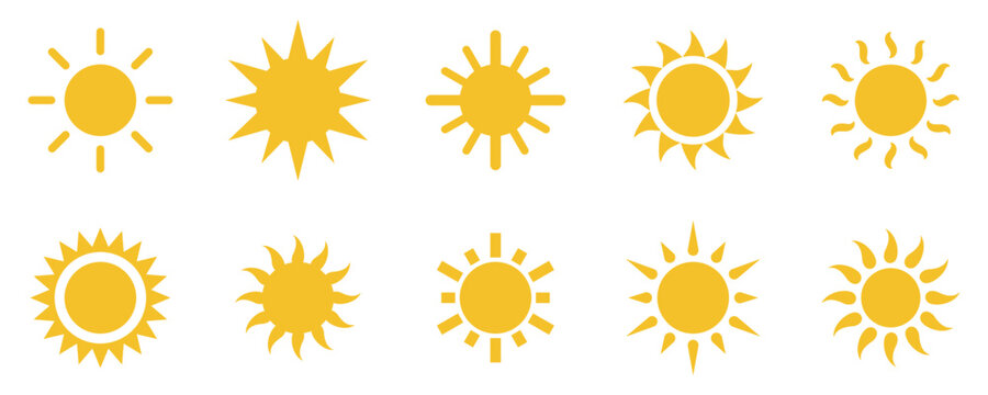 Conjunto de iconos de sol amarillo. Sol brillante, puesta de sol, rayos de sol. Ilustración vectorial