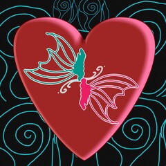 Two  butterflies Pink  heart on a black background with cool  colour rose pattern