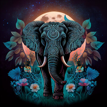 Boho elephant. Flower, moon,Tribal, India, hippie. Dark Psychedelic colors