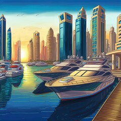 Fototapeta na wymiar Dubai marina before suncartoon style with skyscrapers, boats and reflections in the water, united arab emirates