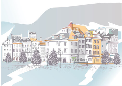 Series of colorful street views in the old city in winter. Hand drawn vector architectural background with historic buildings.