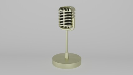 Retro microphone in golden color with stand or tripod isolated on white background. Vintage. Music concept. 3D render
