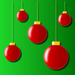 red christmas spherical decorations on green background