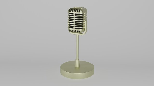 Retro microphone in golden color with stand or tripod isolated on white background. Vintage. Music concept. 3D render
