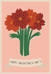 Cute Valentine's Day greeting card retro-style design. A bunch of flowers, hand lettering Happy Valentines Day.