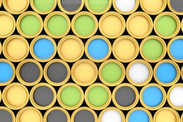 Set of open metal can or buckets of paint in row pattern on white background.