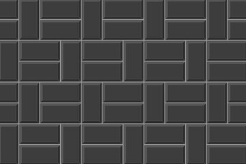Black basketweave tile layout. Stone or ceramic brick wall mosaic background. Kitchen backsplash texture. Bathroom, shower or toilet floor decoration. Pavement texture. Vector flat illustration