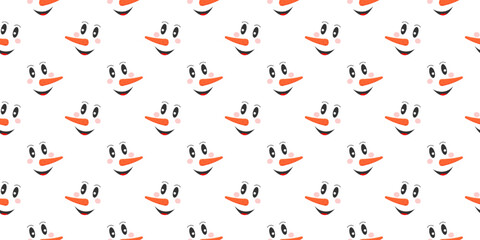 Funny smiling snowman faces background. Winter, Christmas or New Year scrapbooking or wrapping paper, fabric, napkin, tablecloth design. Vector flat illustration