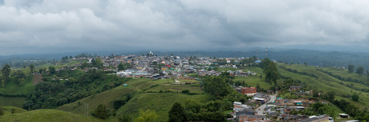 Panoramic View of the City of Filandia, Quindio with Many Green Fields Around it