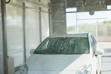 Obraz premium Process of car washing with driver inside. Automatic car wash machine in work.