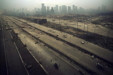 Fototapeta premium post-apocalyptic ruined city, dead wasteland. Destroyed buildings, destroyed roads, collapsed skyscrapers. apocalypse concept illustration as header wallpaper background